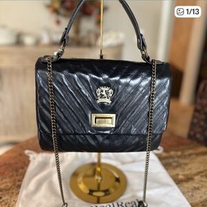 Pratesi Firenze Italian Leather Quilted Flap Bag Black Gold Chain Made in Italy